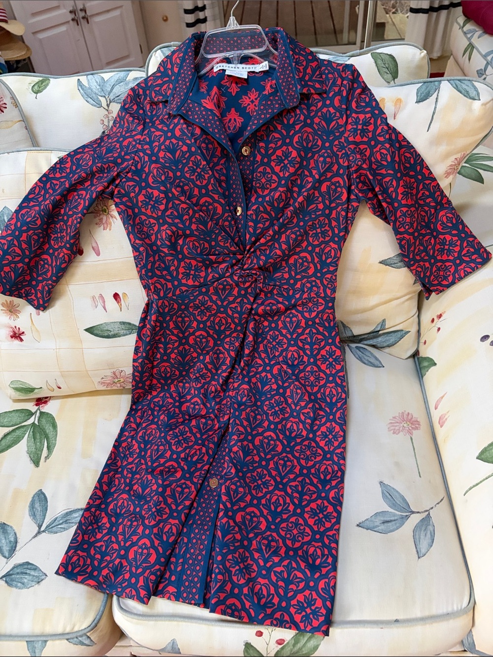 Gretchen Scott Designs Navy and Red Knot-Front Midi Shirt Dress